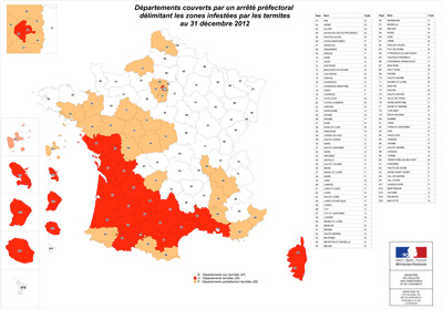 Carte des départements concernés par un arrêté préfectoral termites