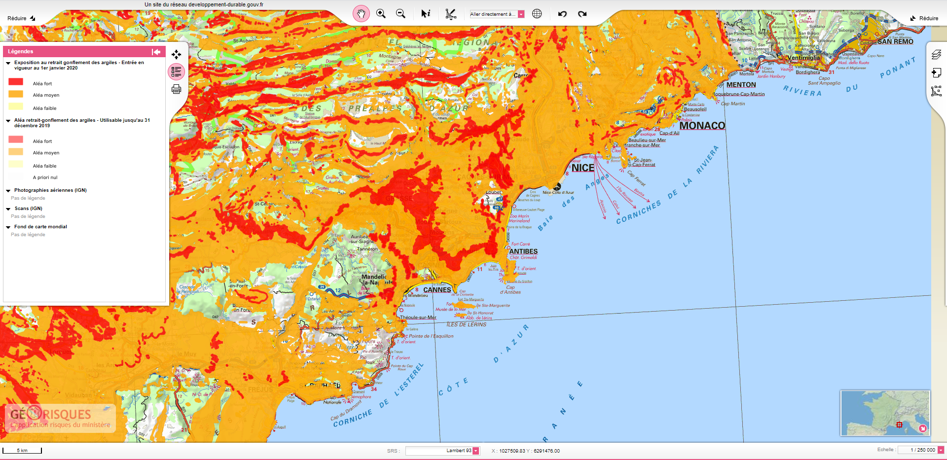 Carte georisques.fr avec carte d'exposition argile 2020